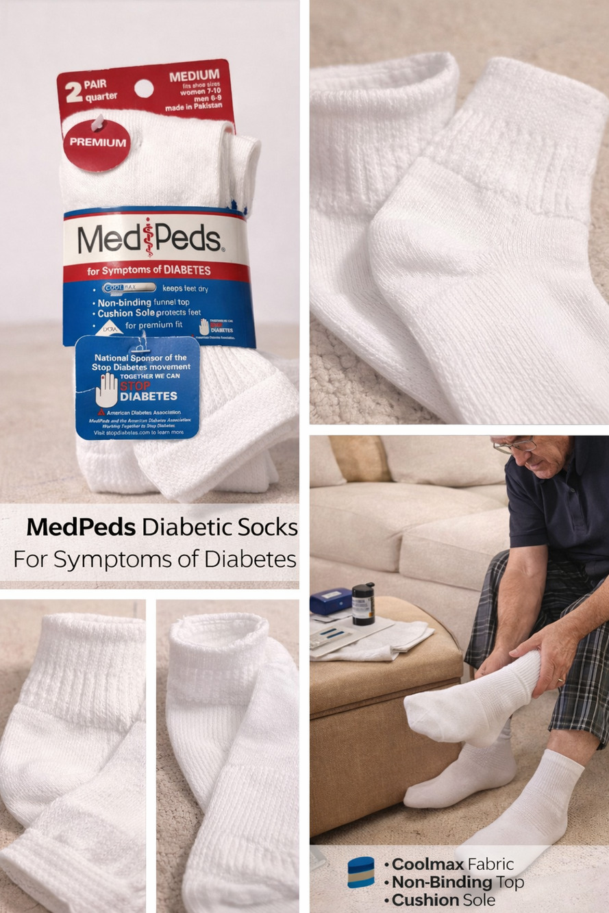 MedPeds Diabetic Socks – 2 Pair | White | Medium (Men 6–9 / Women 7–10)